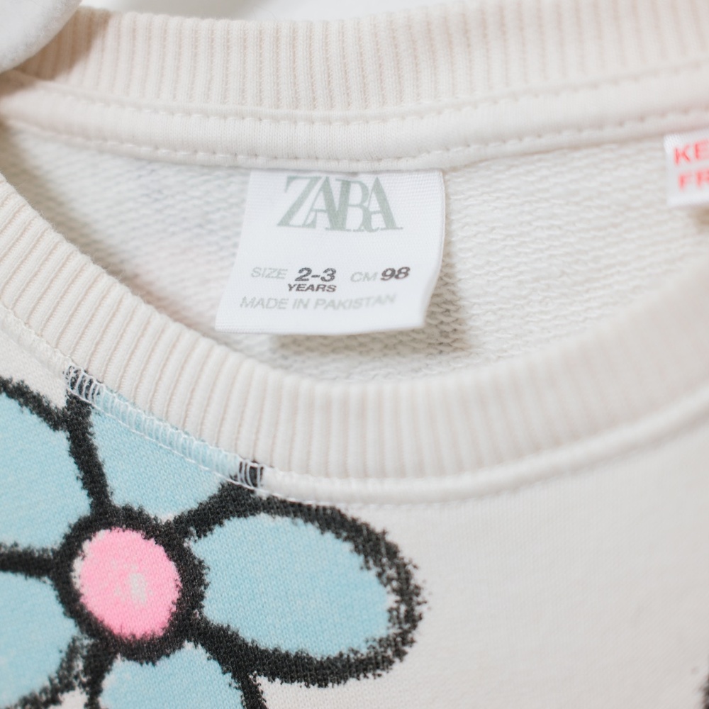 Zara Floral Pattern Long Sleeve Sweatshirt White Blue Kids Size 2-3 - Picture 2 of 3